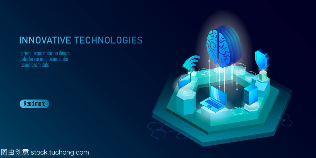 等距人工智能業務概念。藍色發光等距個人信息數據連接 pc 智能手機人腦未來技術。3d 圖表矢量圖